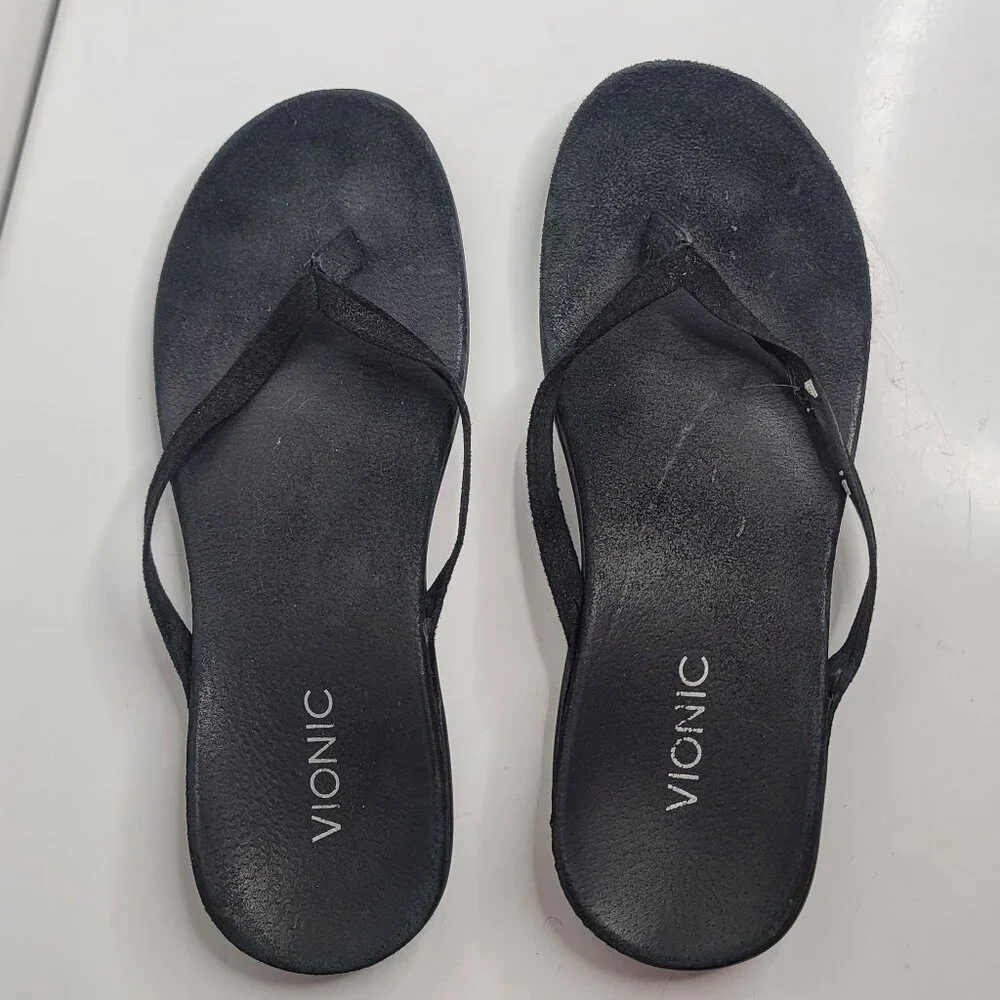 Vionic Orthaheel Womens 344 Corfu‎ Size 9 Black Velvet Thong Flip Flops Sandals